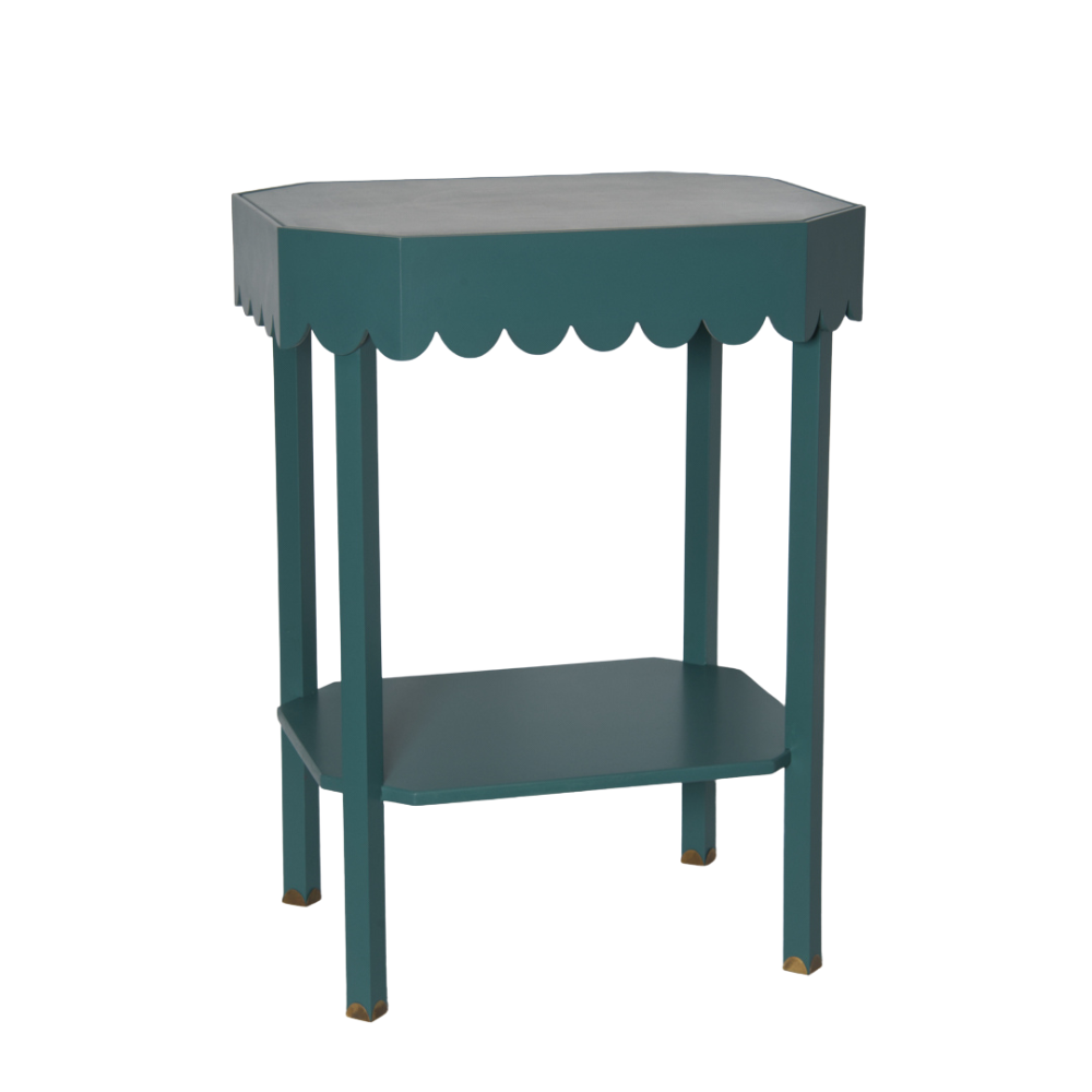 Stunning hand made hand painted in the UK, scalloped edge bedside table with antique brass scalloped shape feet. Also lovely occasional table, no front or back, 35 cm x 45 cm Teal