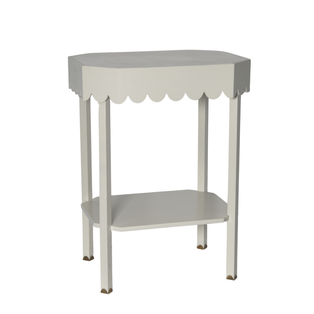 Stunning hand made hand painted in the UK, scalloped edge bedside table with antique brass scalloped shape feet. Also lovely occasional table, no front or back, 35 cm x 45 cm off white, Zoffany Bone made by Camilla Hampton