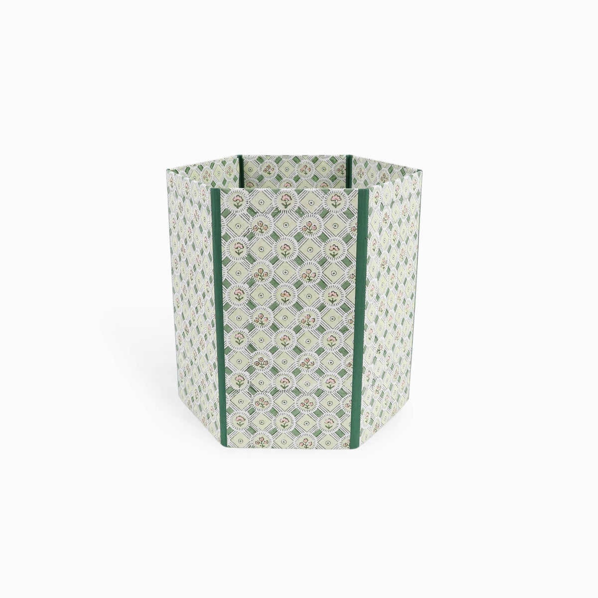 BLOCK PRINTED HEXAGON COLLAPSIBLE BASKET- GREEN SPRING BLOOM