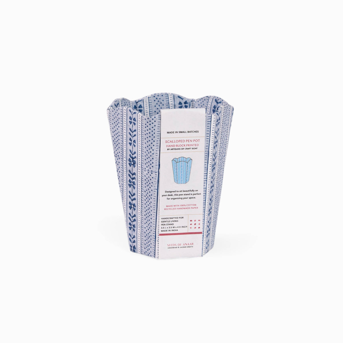 BLOCK PRINTED SCALLOPED PEN POT- HARBOR BLUE FLORAL STRIPE