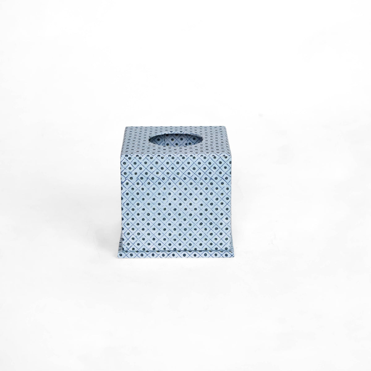 SCREEN PRINTED SQUARE TISSUE BOX - BLUE DOT & GRID
