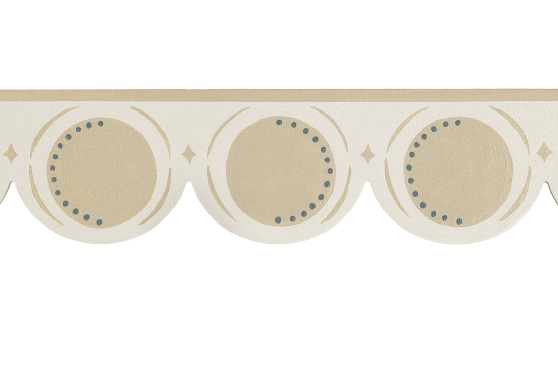 Bloomsbury Inspired hand painted scalloped mdf edges, moulding and architrave. Beige on a pale off white background.