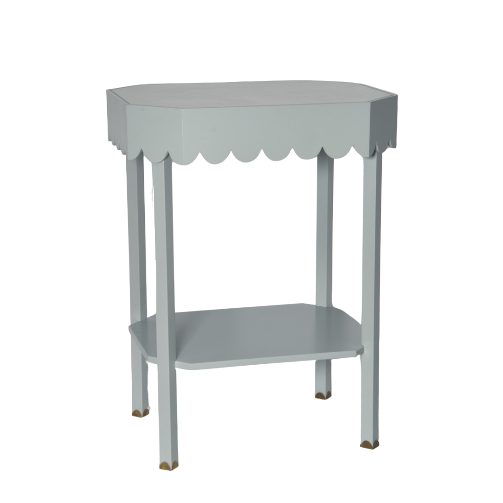 Stunning hand made hand painted in the UK, scalloped edge bedside table with antique brass scalloped shape feet. Also lovely occasional table, no front or back, 35 cm x 45 cm