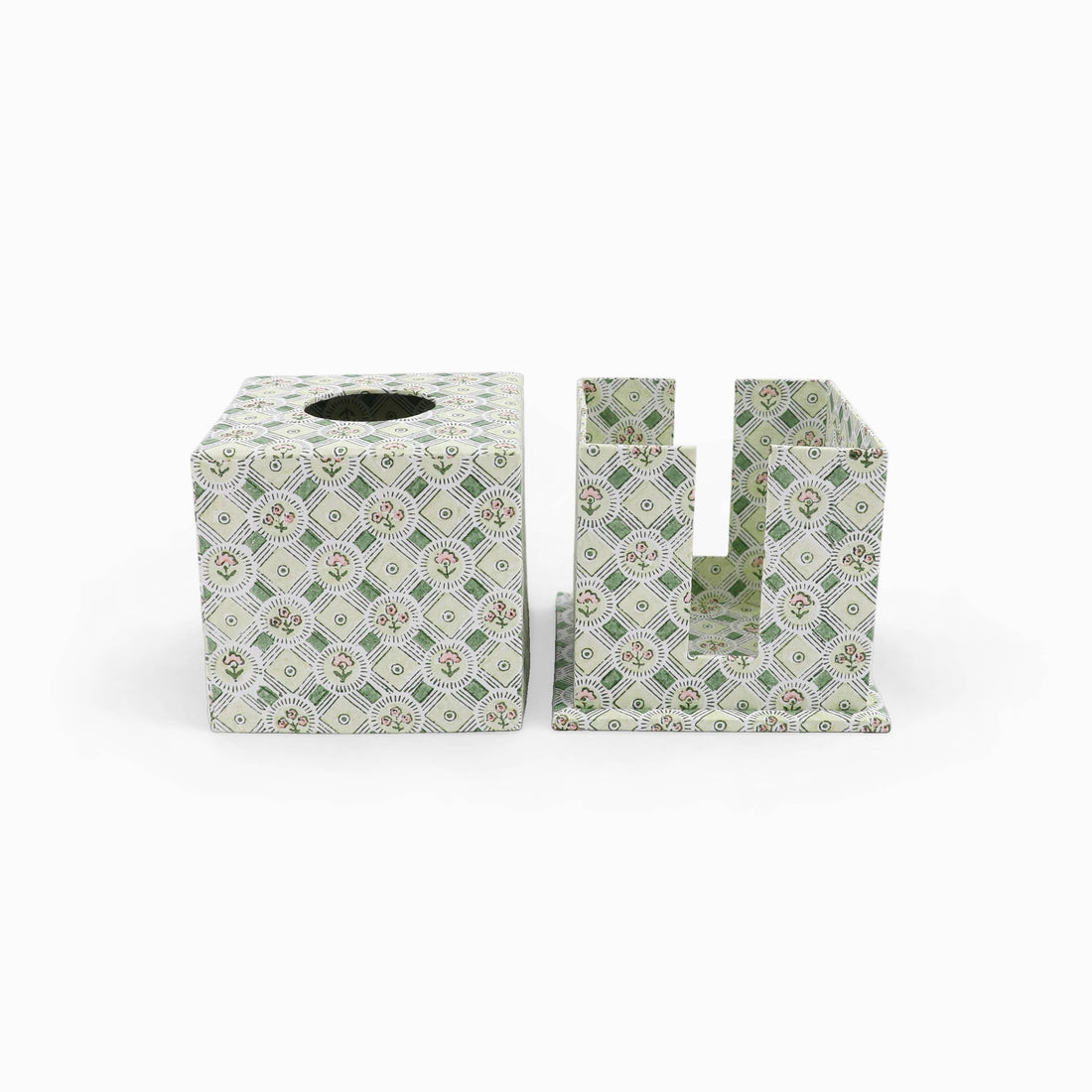 BLOCK PRINTED SQUARE TISSUE BOX - GREEN SPRING BLOOM