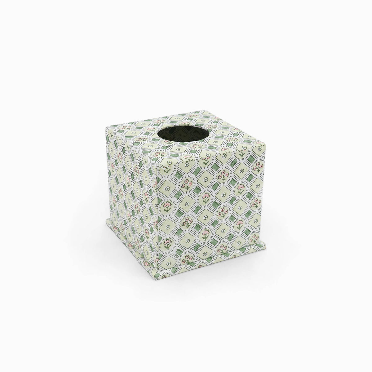 BLOCK PRINTED SQUARE TISSUE BOX - GREEN SPRING BLOOM