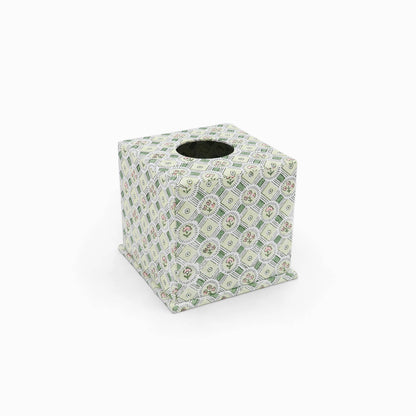 BLOCK PRINTED SQUARE TISSUE BOX - GREEN SPRING BLOOM