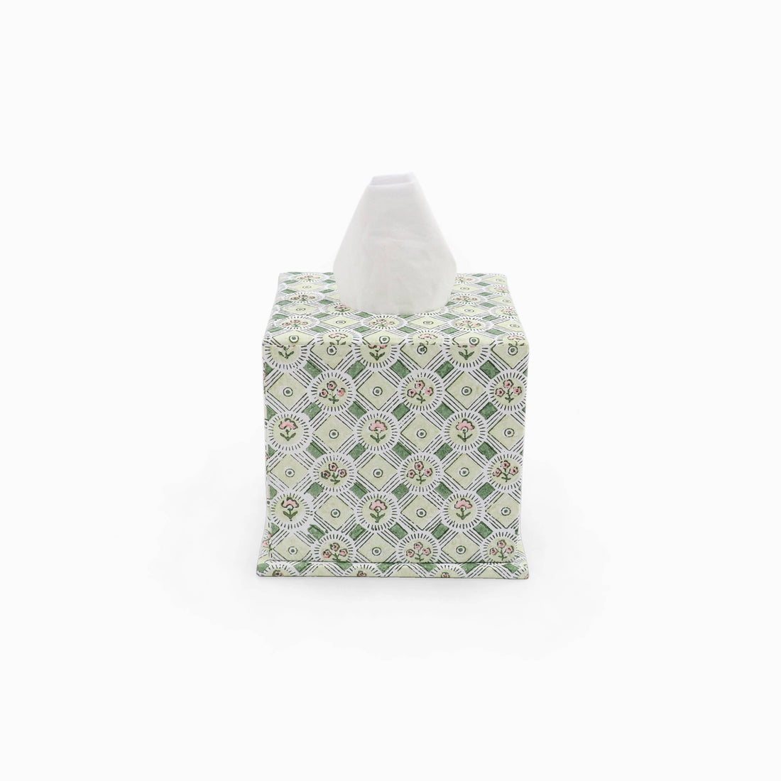 BLOCK PRINTED SQUARE TISSUE BOX - GREEN SPRING BLOOM