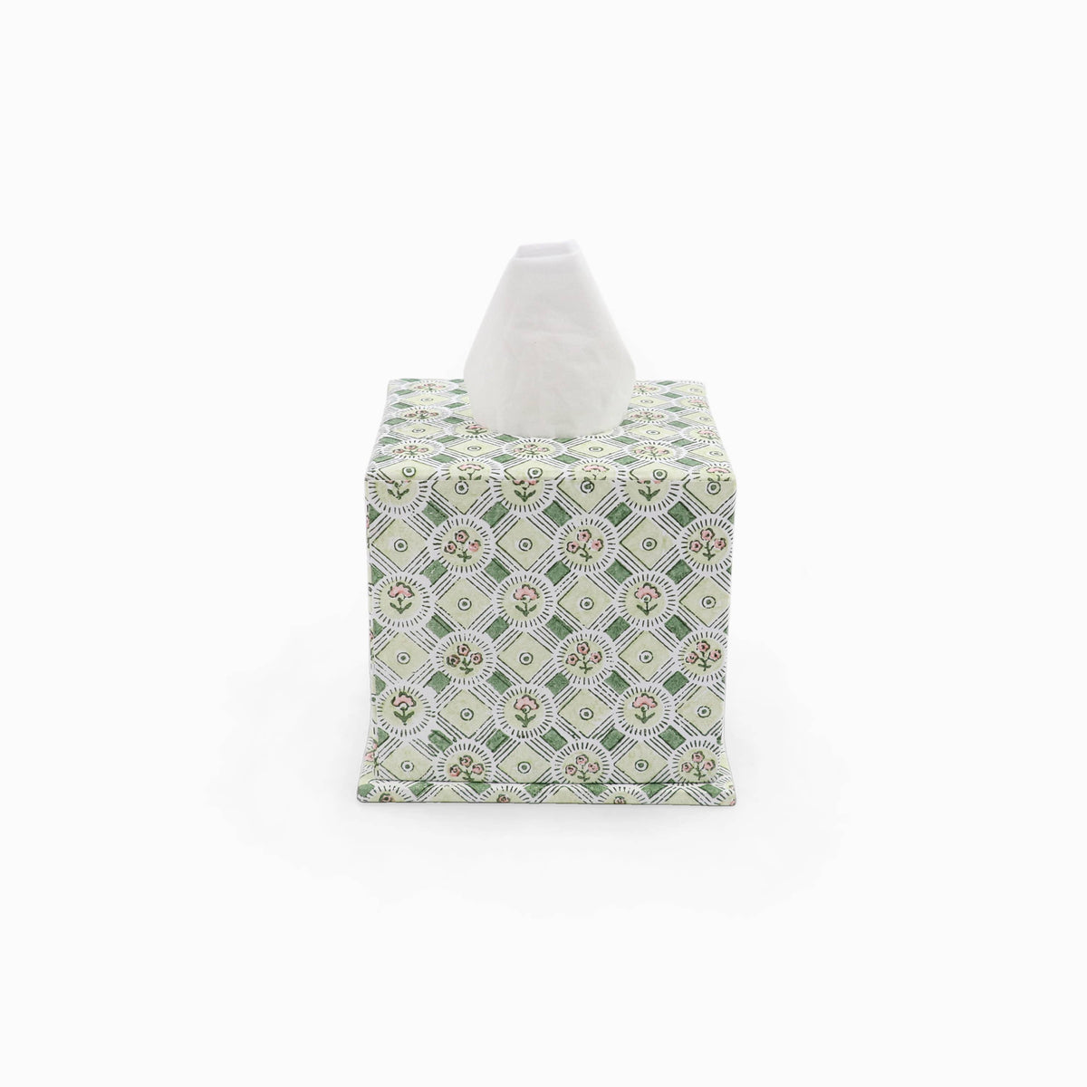 BLOCK PRINTED SQUARE TISSUE BOX - GREEN SPRING BLOOM