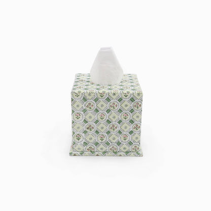 BLOCK PRINTED SQUARE TISSUE BOX - GREEN SPRING BLOOM
