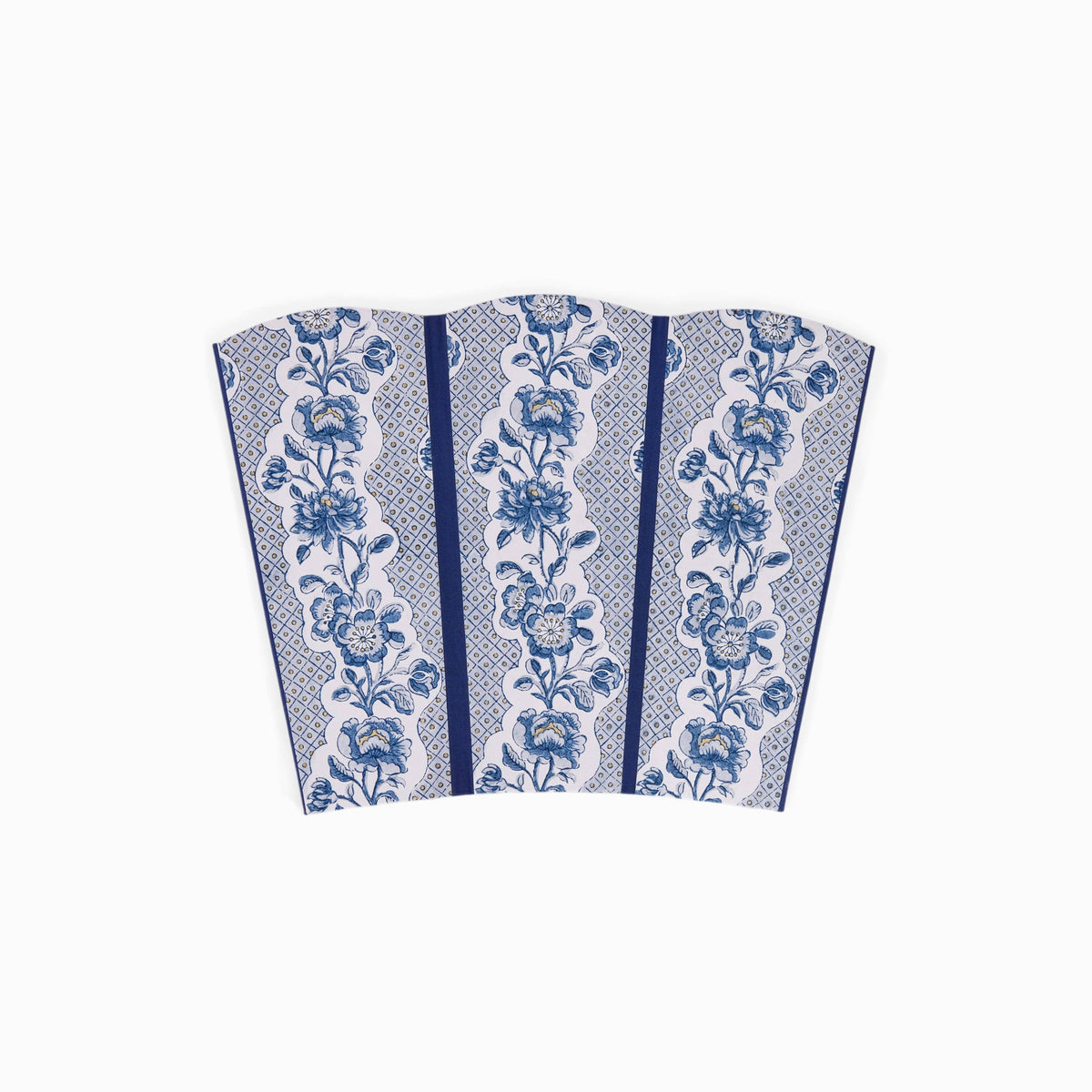 WASTE PAPER BIN - BLOCK-PRINTED SCALLOPED BASKET -HARBOR BLUE BLOOMING TRELLIS