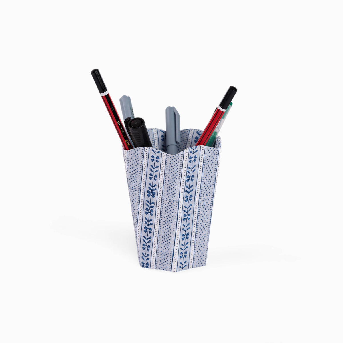 BLOCK PRINTED SCALLOPED PEN POT- HARBOR BLUE FLORAL STRIPE