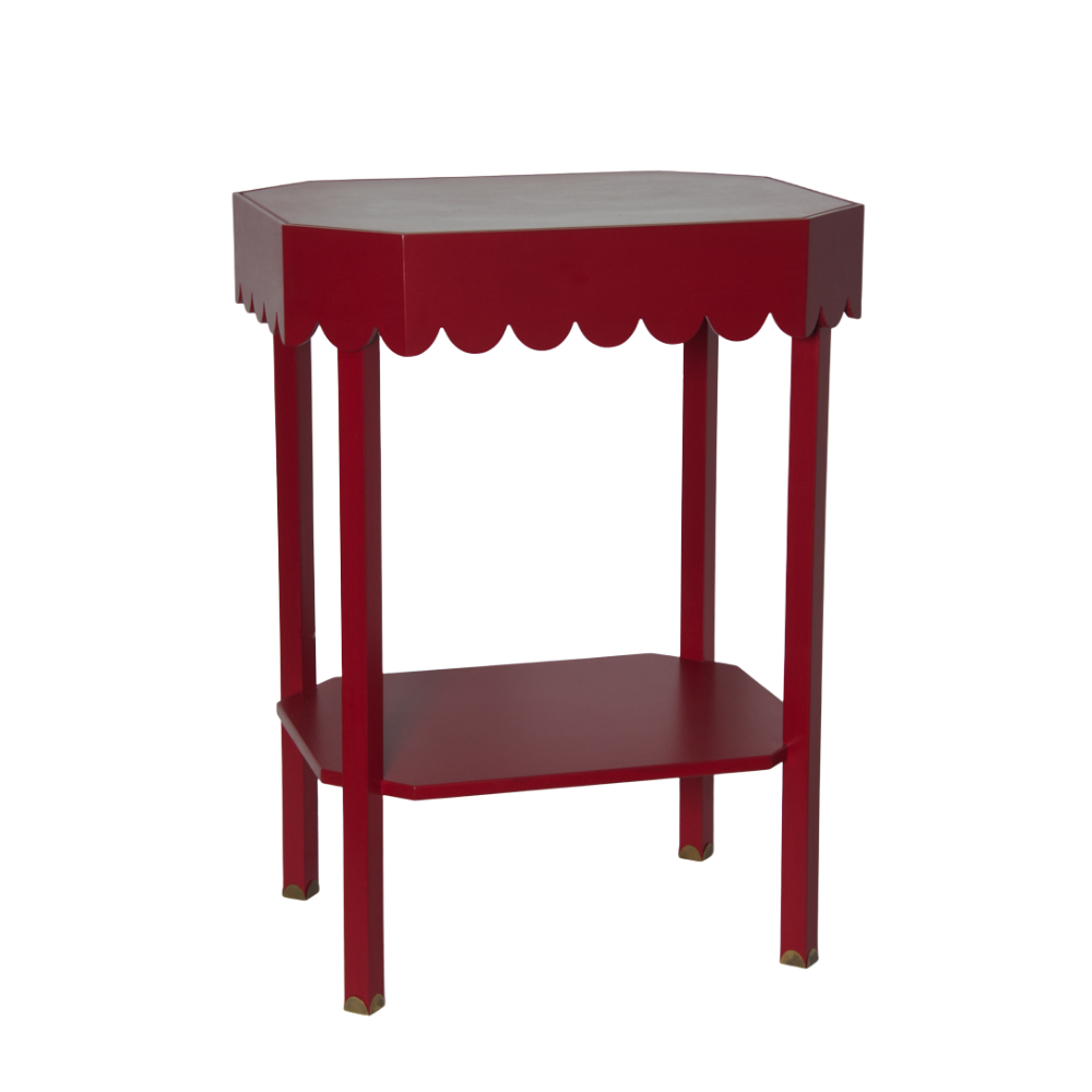 Stunning hand made hand painted in the UK, scalloped edge bedside table with antique brass scalloped shape feet. Also lovely occasional table, no front or back, 35 cm x 45 cm Red
