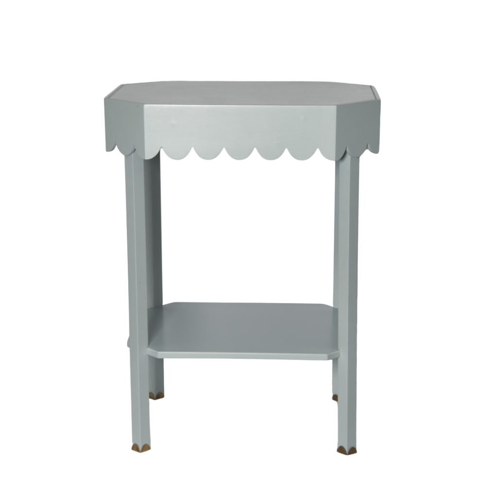 Stunning hand made hand painted in the UK, scalloped edge bedside table with antique brass scalloped shape feet. Also lovely occasional table, no front or back, 35 cm x 45 cm pale Grey, paint and paper tablecloth