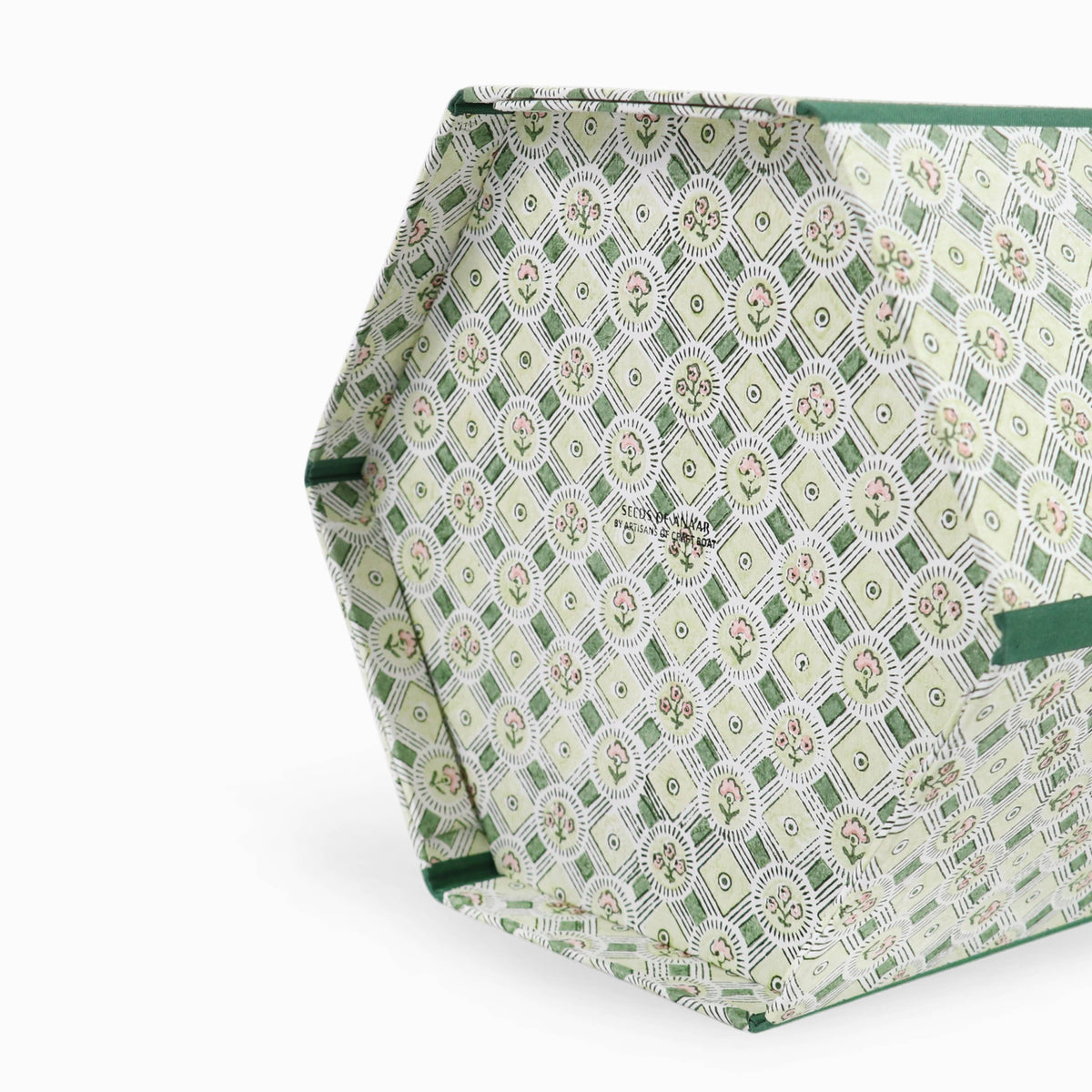 BLOCK PRINTED HEXAGON COLLAPSIBLE BASKET- GREEN SPRING BLOOM