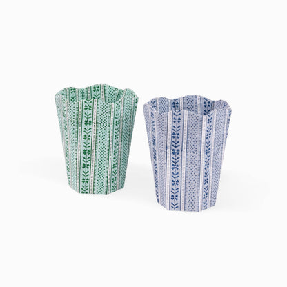 BLOCK PRINTED SCALLOPED PEN POT- CELADON GREEN FLORAL STRIPE