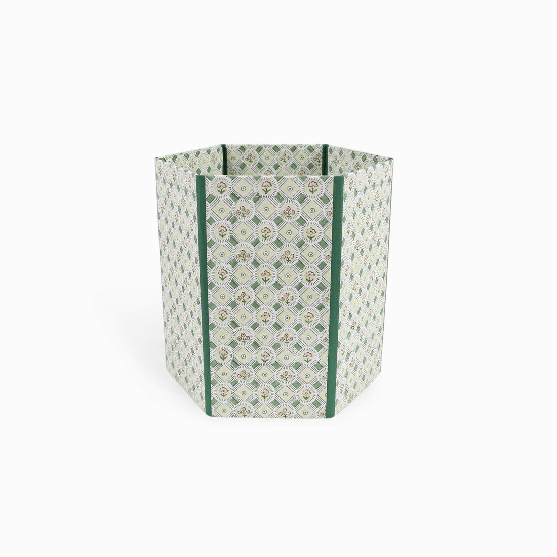 WASTE PAPER BIN /BASKET BLOCK PRINTED HEXAGON - GREEN SPRING BLOOM