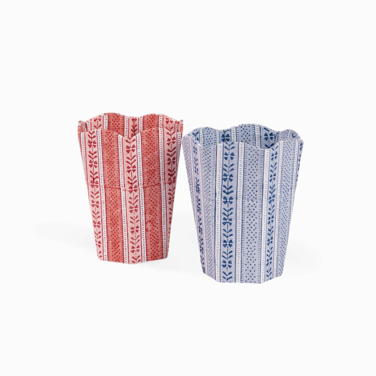 BLOCK PRINTED SCALLOPED PEN POT- HARBOR BLUE FLORAL STRIPE