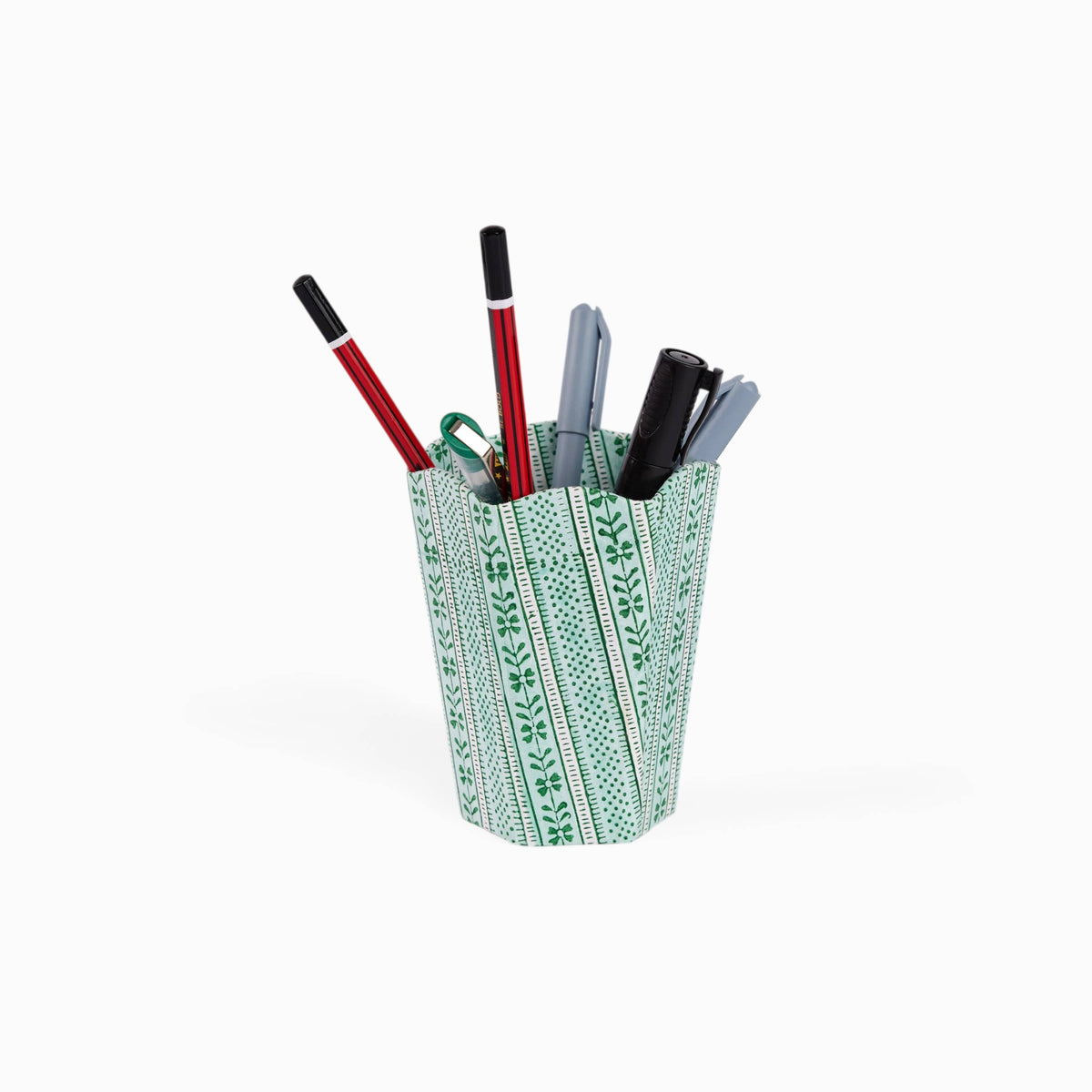 BLOCK PRINTED SCALLOPED PEN POT- CELADON GREEN FLORAL STRIPE