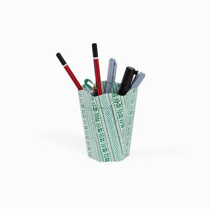 BLOCK PRINTED SCALLOPED PEN POT- CELADON GREEN FLORAL STRIPE