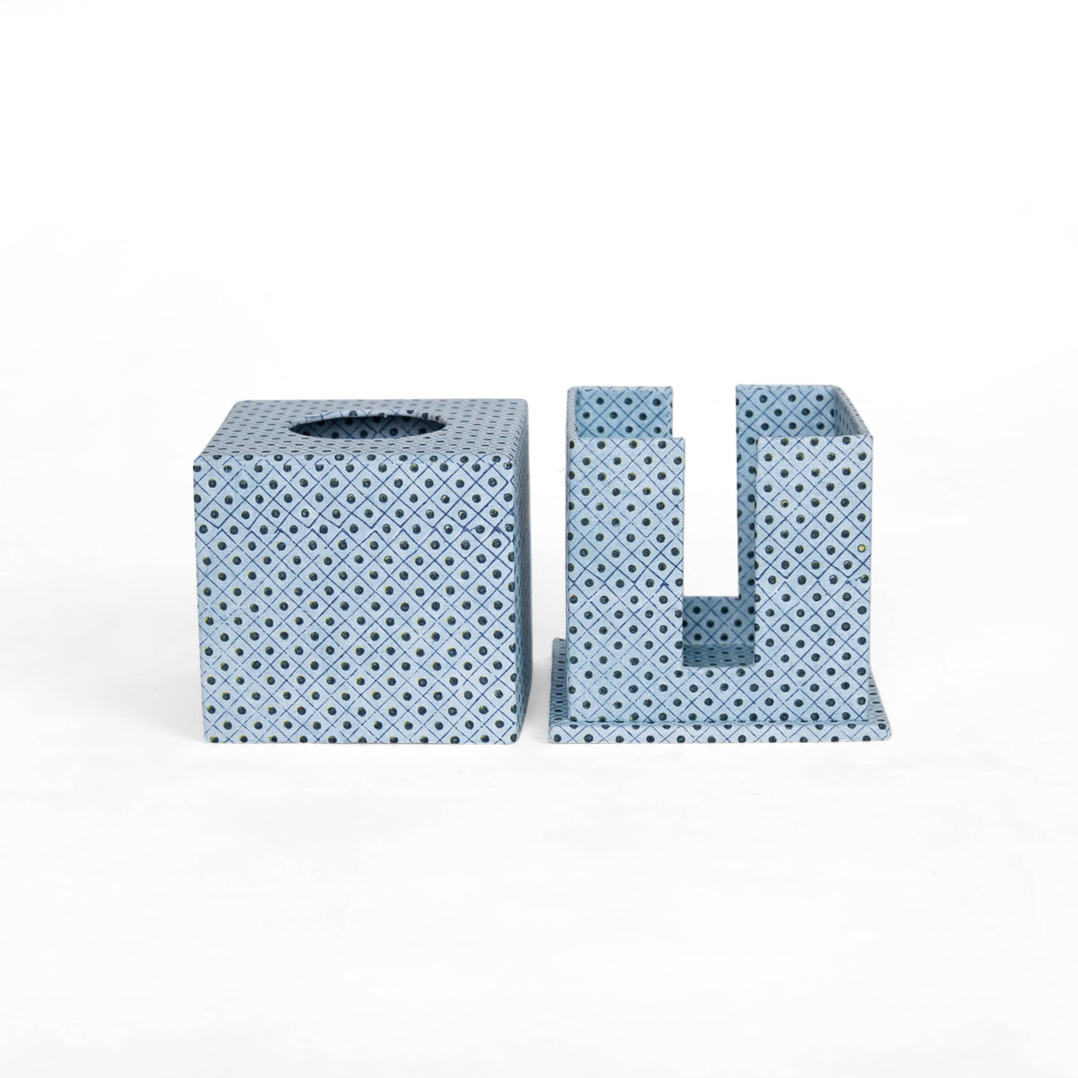 SCREEN PRINTED SQUARE TISSUE BOX - BLUE DOT &amp; GRID