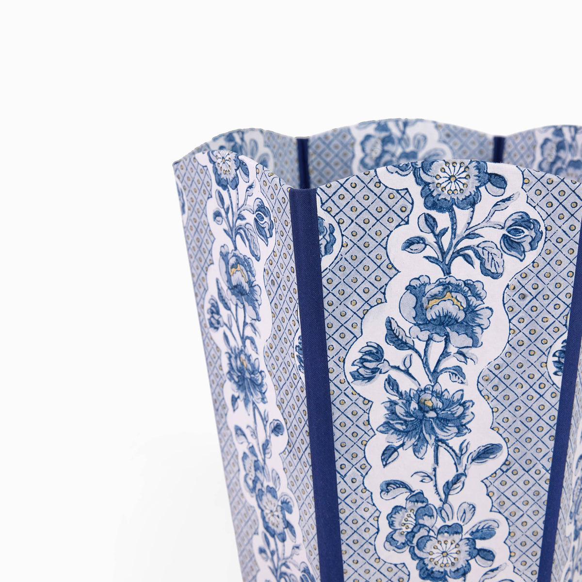 WASTE PAPER BIN - BLOCK-PRINTED SCALLOPED BASKET -HARBOR BLUE BLOOMING TRELLIS