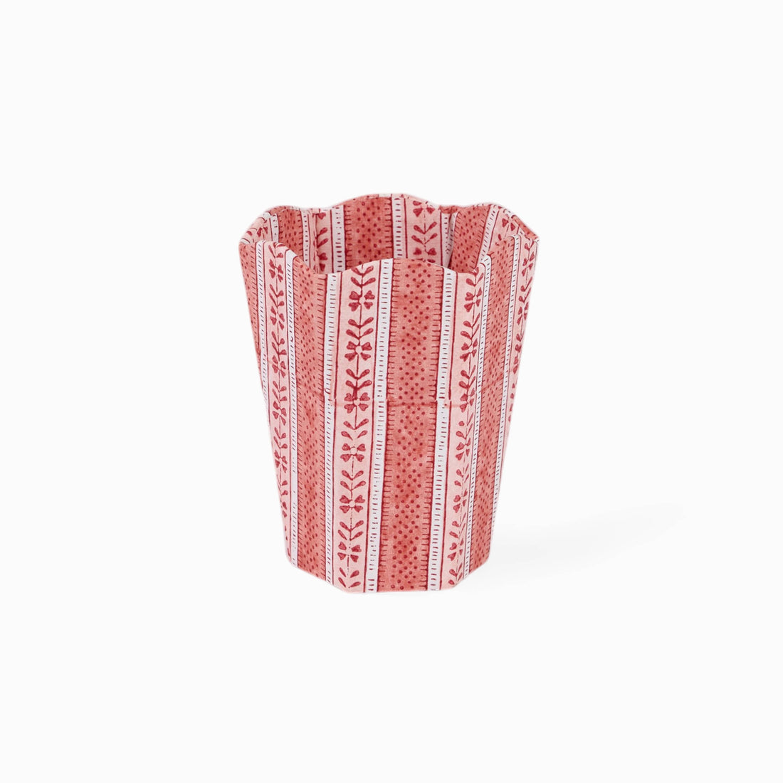 BLOCK PRINTED SCALLOPED PEN POT- GARNET RED FLORAL STRIPE