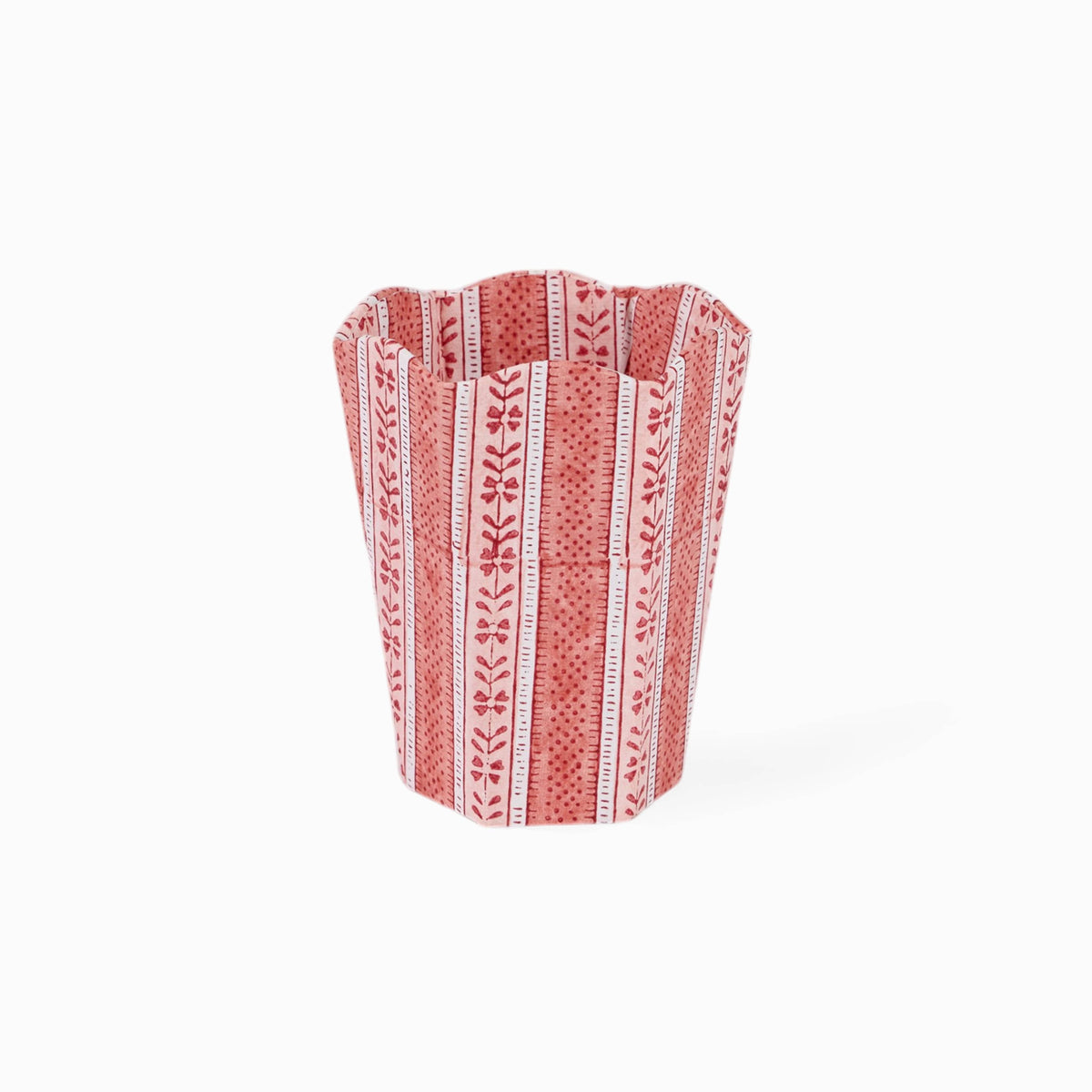 BLOCK PRINTED SCALLOPED PEN POT- GARNET RED FLORAL STRIPE