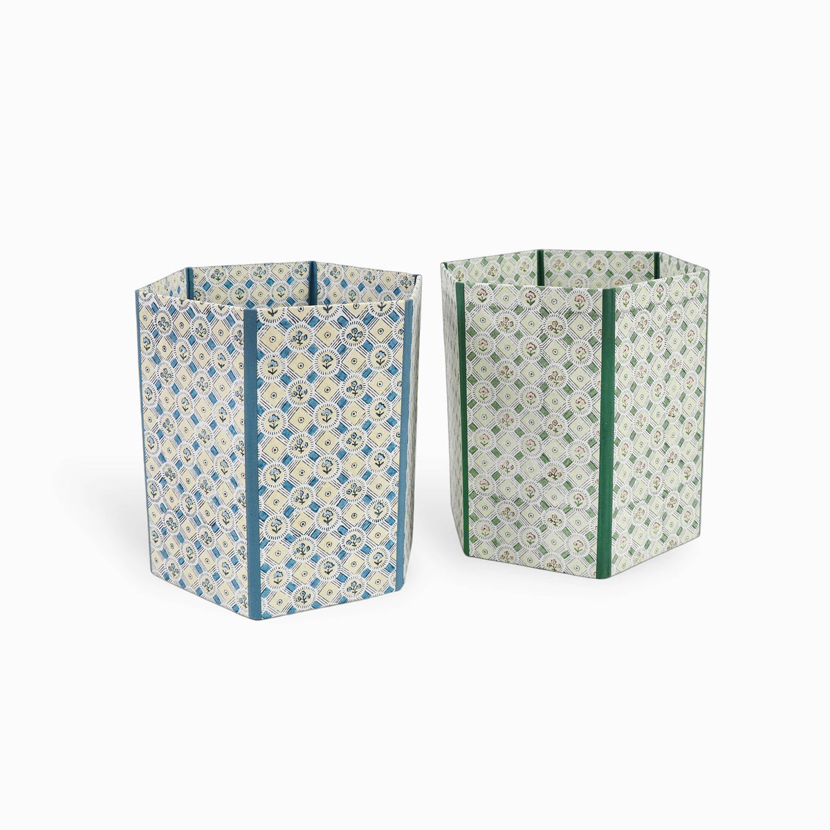 BLOCK PRINTED HEXAGON COLLAPSIBLE BASKET- GREEN SPRING BLOOM
