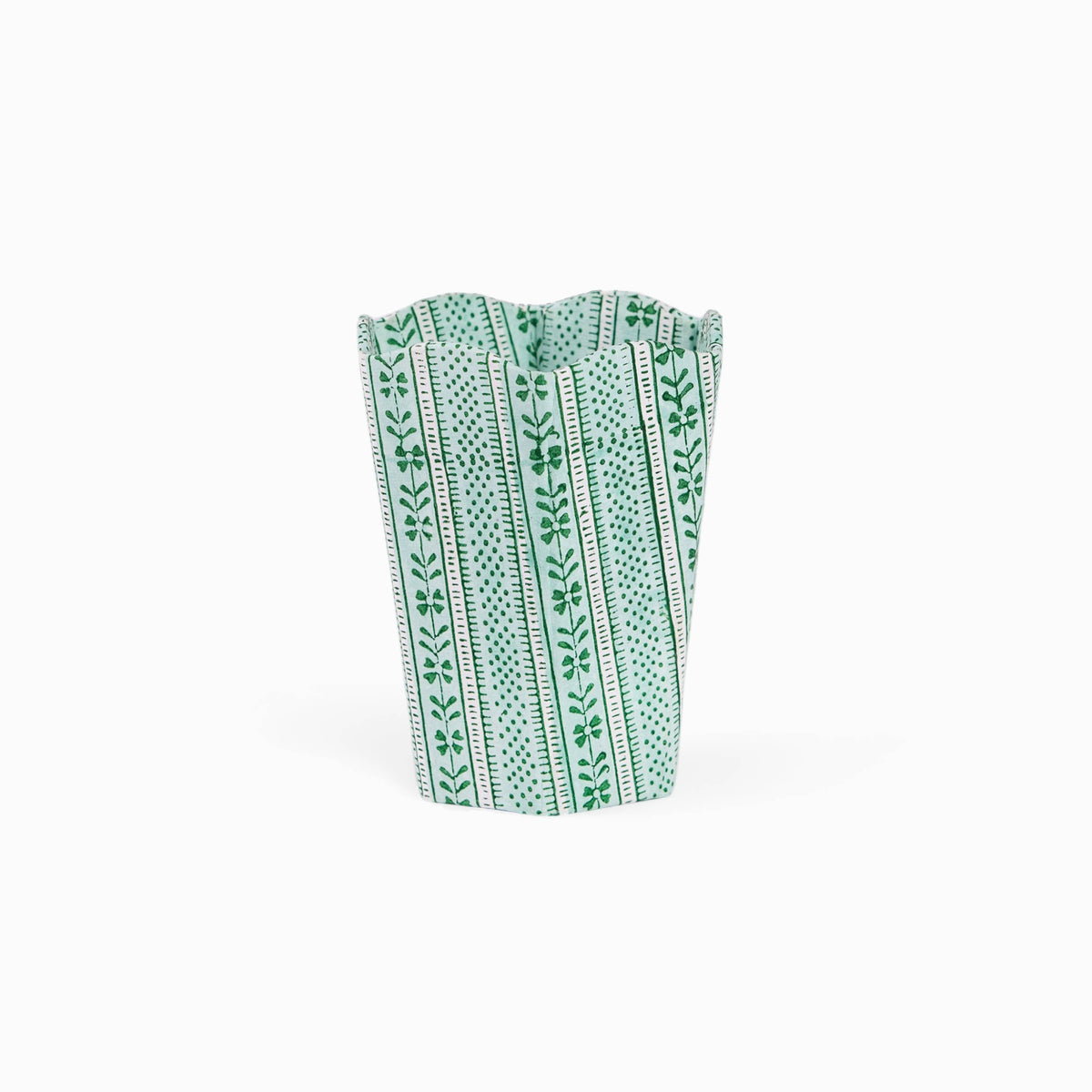 BLOCK PRINTED SCALLOPED PEN POT- CELADON GREEN FLORAL STRIPE
