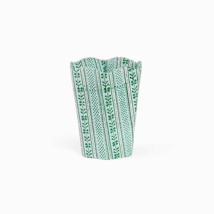 BLOCK PRINTED SCALLOPED PEN POT- CELADON GREEN FLORAL STRIPE