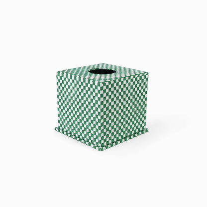 BLOCK-PRINTED TISSUE BOX - CELADON GREEN CHECKER BOARD