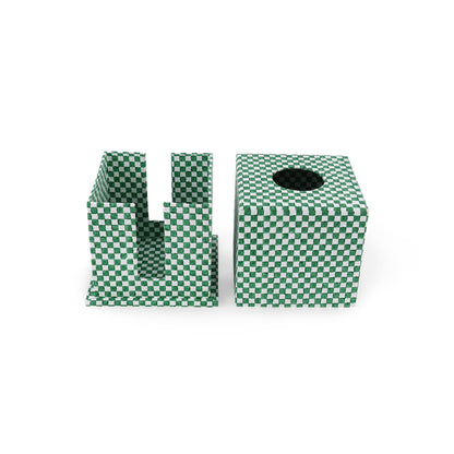 BLOCK-PRINTED TISSUE BOX - CELADON GREEN CHECKER BOARD