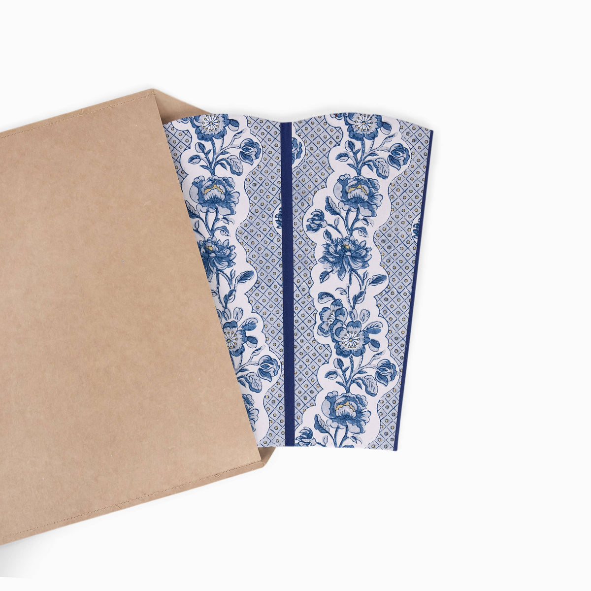 WASTE PAPER BIN - BLOCK-PRINTED SCALLOPED BASKET -HARBOR BLUE BLOOMING TRELLIS
