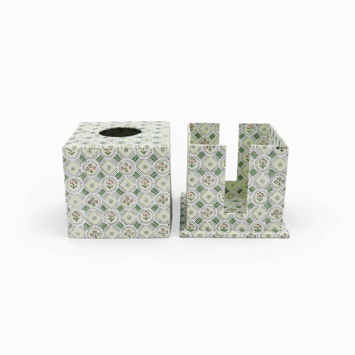 BLOCK PRINTED SQUARE TISSUE BOX - GREEN SPRING BLOOM