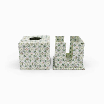 BLOCK PRINTED SQUARE TISSUE BOX - GREEN SPRING BLOOM