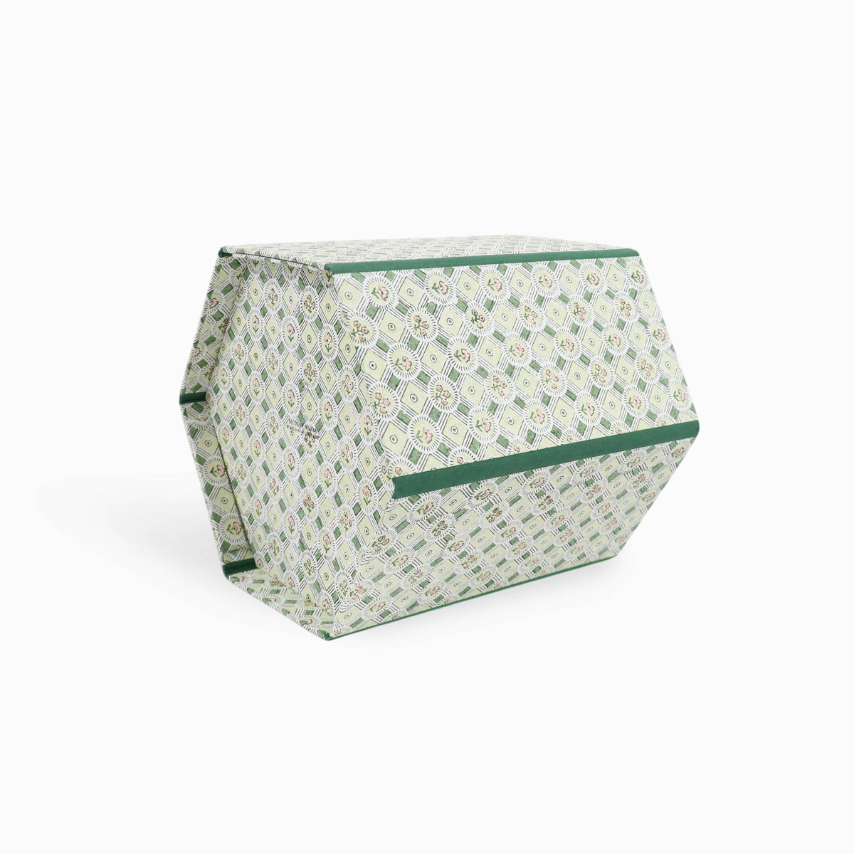 BLOCK PRINTED HEXAGON COLLAPSIBLE BASKET- GREEN SPRING BLOOM