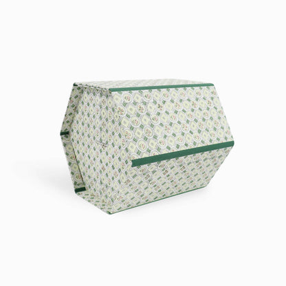 BLOCK PRINTED HEXAGON COLLAPSIBLE BASKET- GREEN SPRING BLOOM