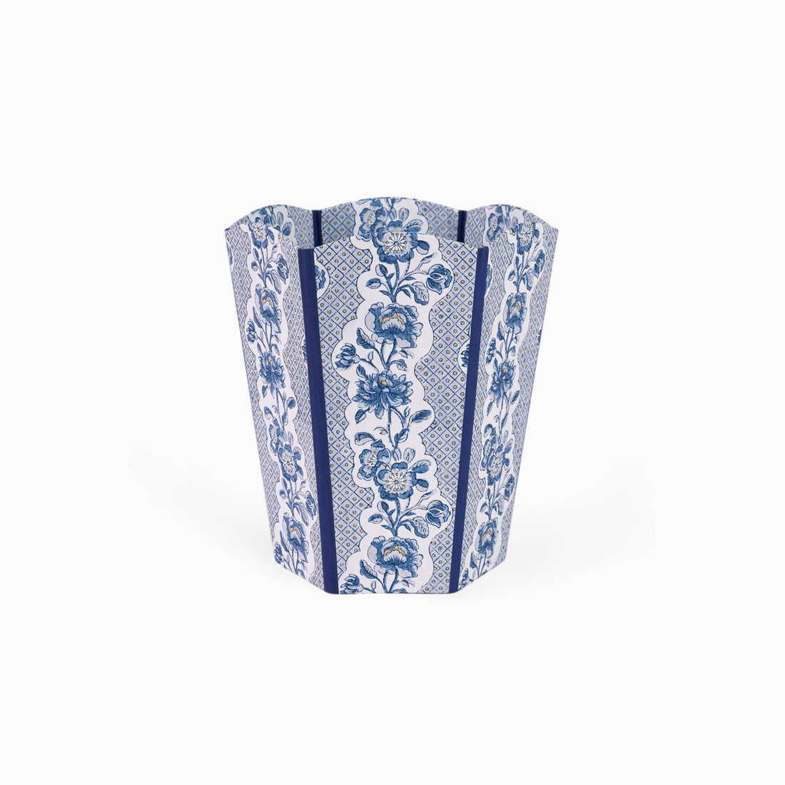 WASTE PAPER BIN - BLOCK-PRINTED SCALLOPED BASKET -HARBOR BLUE BLOOMING TRELLIS