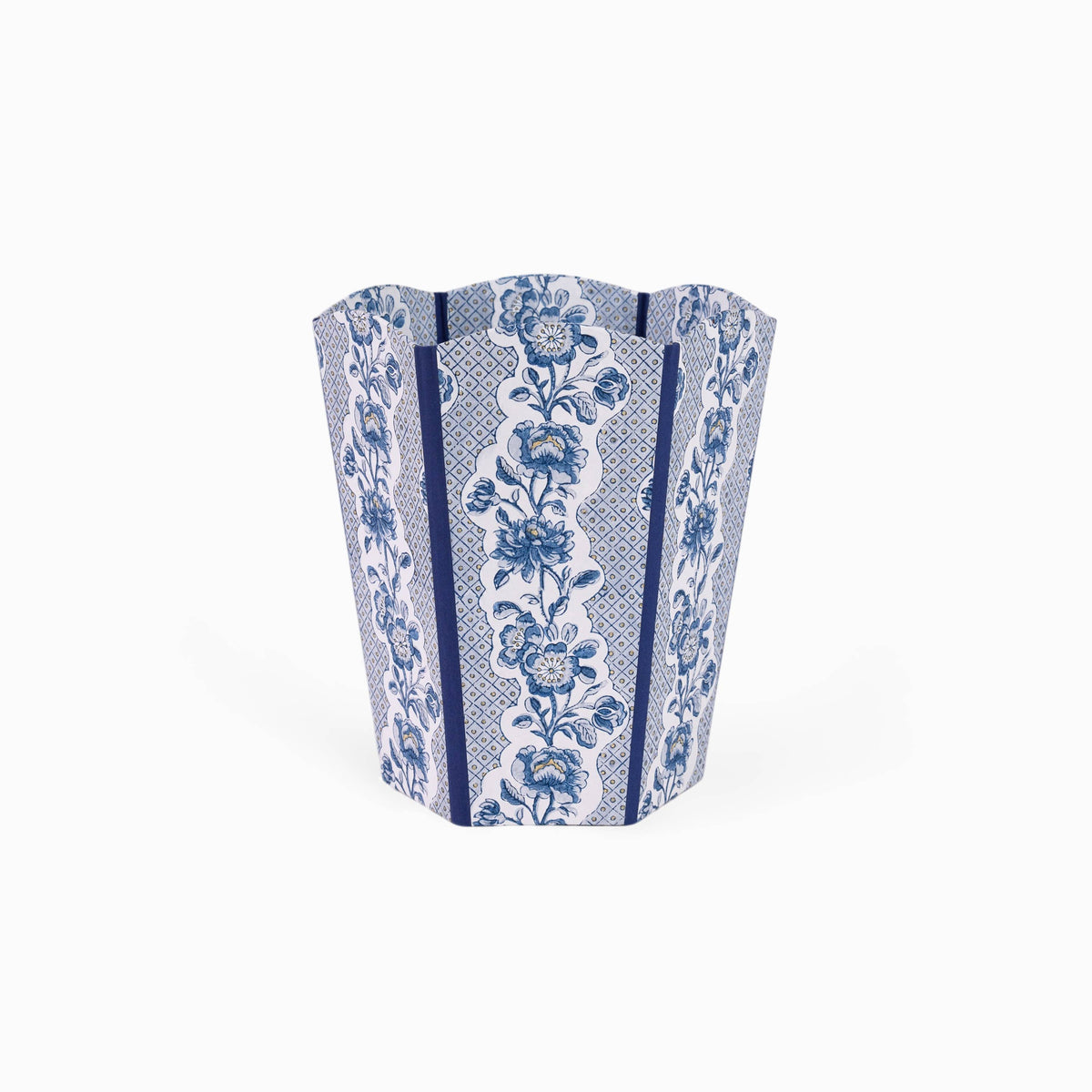 WASTE PAPER BIN - BLOCK-PRINTED SCALLOPED BASKET -HARBOR BLUE BLOOMING TRELLIS