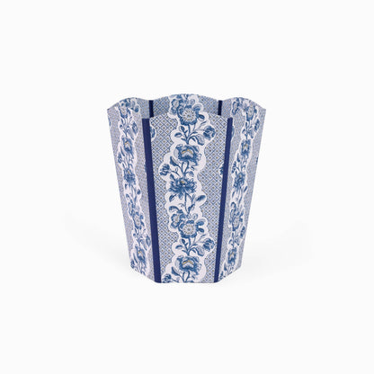 WASTE PAPER BIN - BLOCK-PRINTED SCALLOPED BASKET -HARBOR BLUE BLOOMING TRELLIS